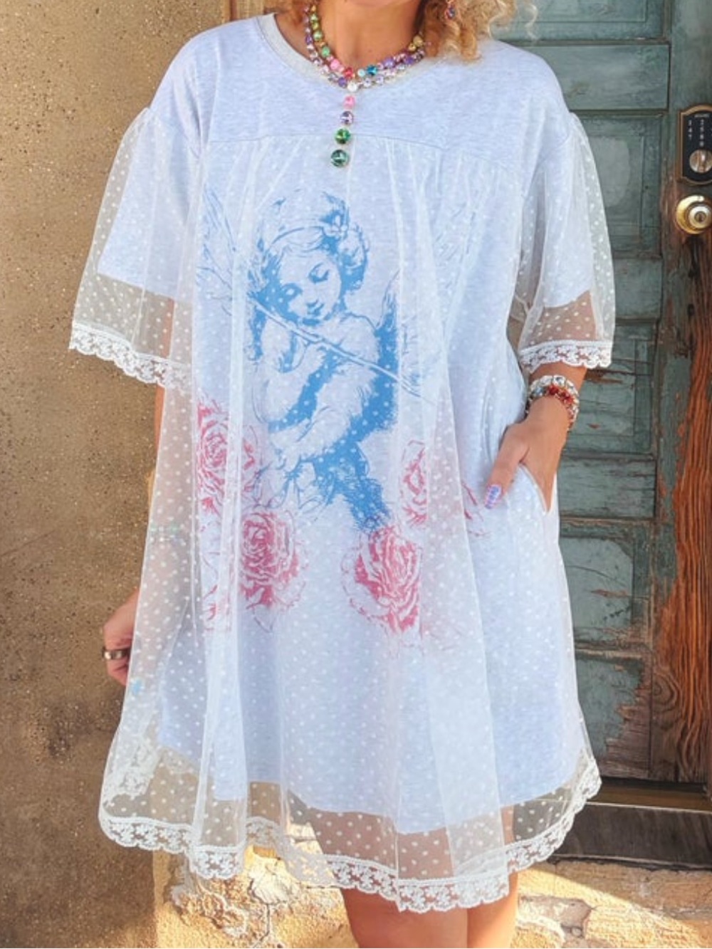Davi & Dani Gray T-shirt dress with Blue Angel Graphic and Sheer Polka Overlay